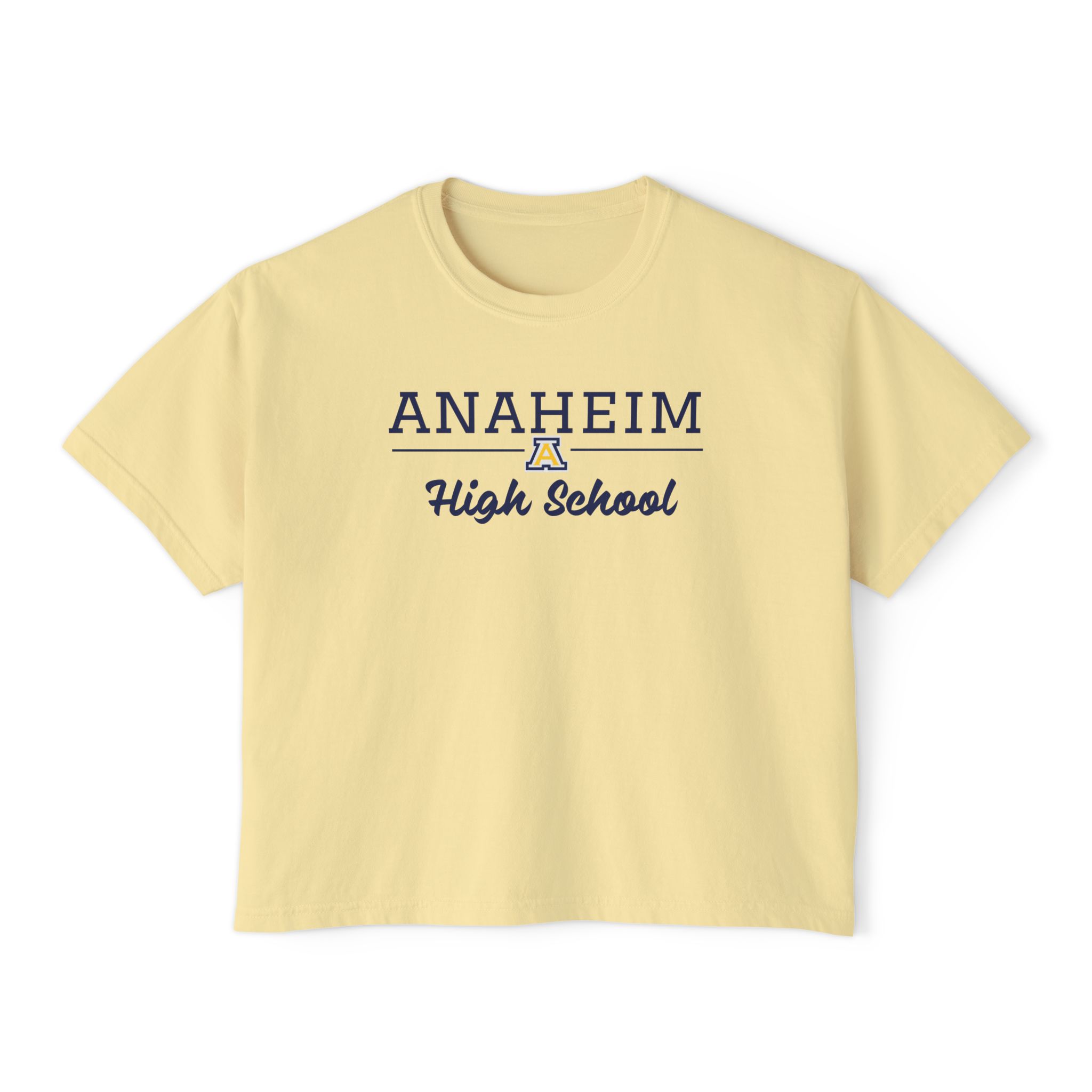 Anaheim High - High School Cursive with Logo Women's Boxy Tee - Image 4