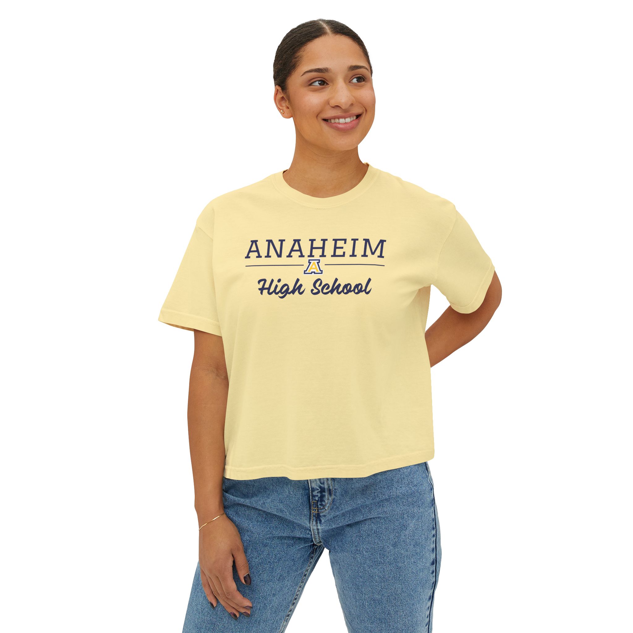 Anaheim High - High School Cursive with Logo Women's Boxy Tee - Image 5