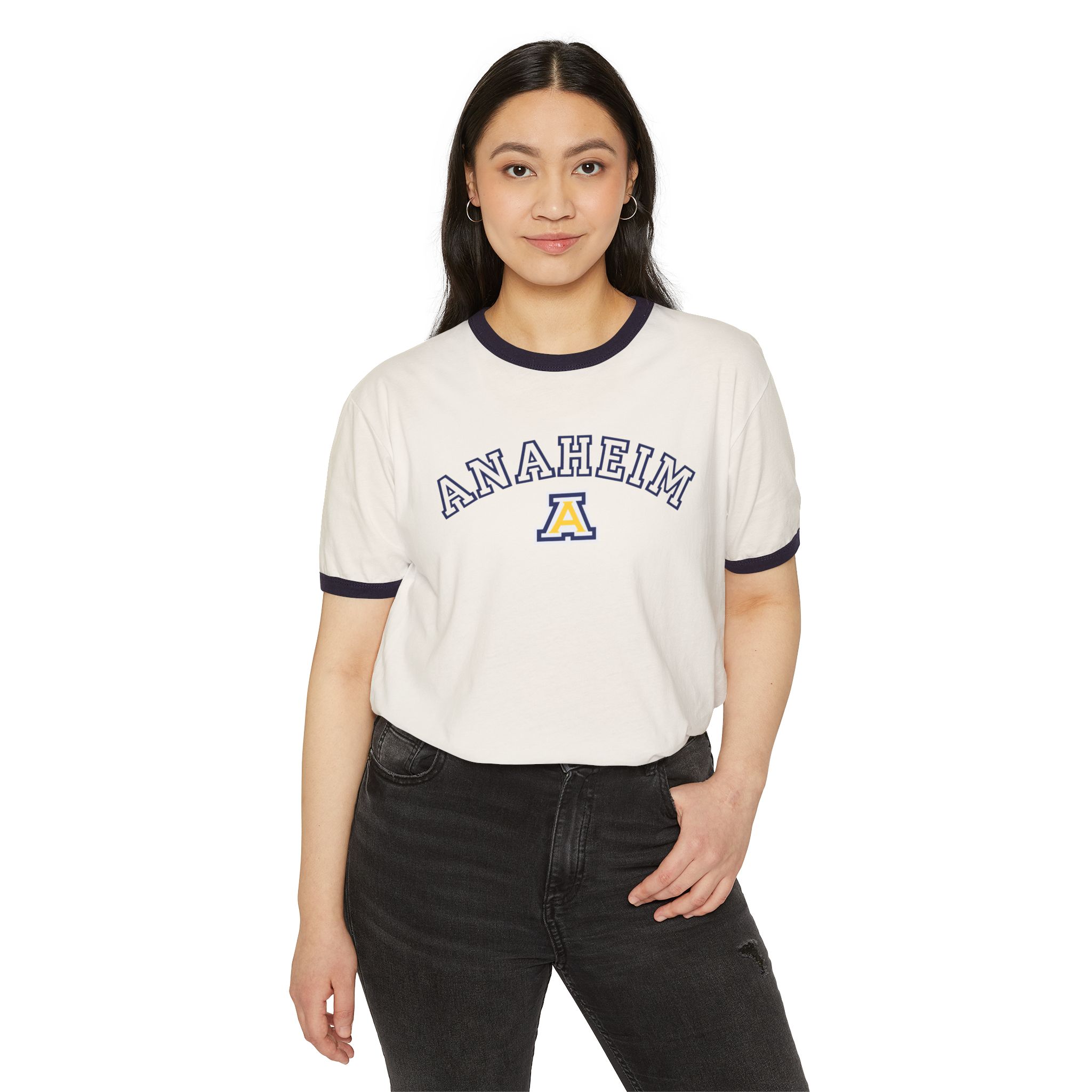 Anaheim High - Outline Name with Logo Unisex Cotton Ringer T-Shirt - Image 7