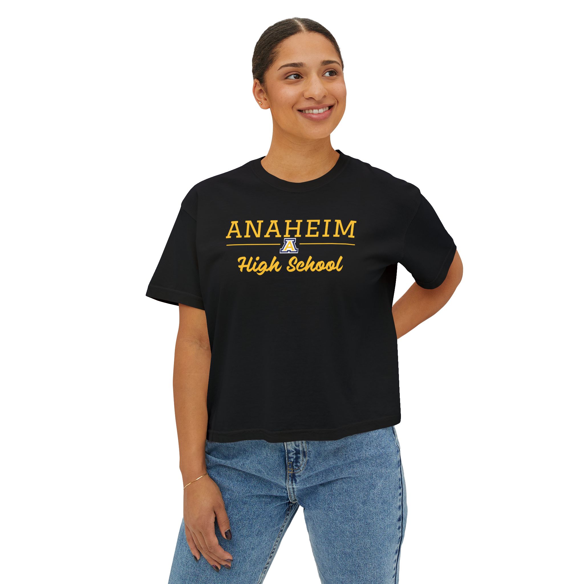 Anaheim High - High School Cursive with Logo Women's Boxy Tee - Image 9