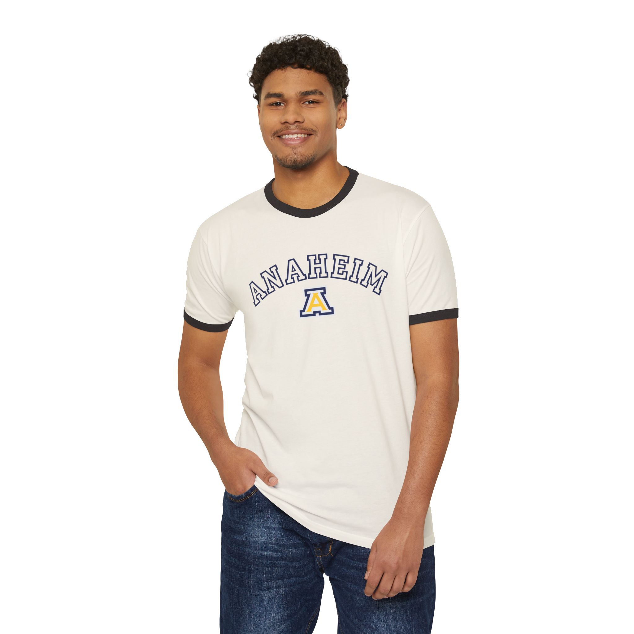 Anaheim High - Outline Name with Logo Unisex Cotton Ringer T-Shirt - Image 11