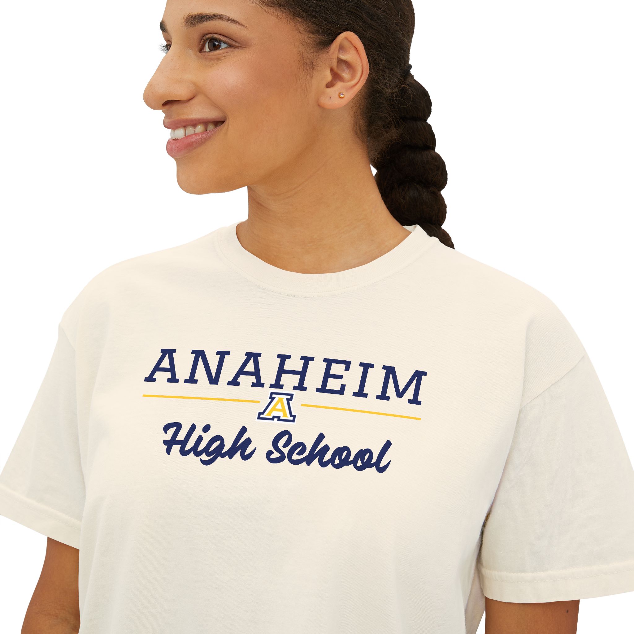 Anaheim High - High School Cursive with Logo Women's Boxy Tee - Image 3