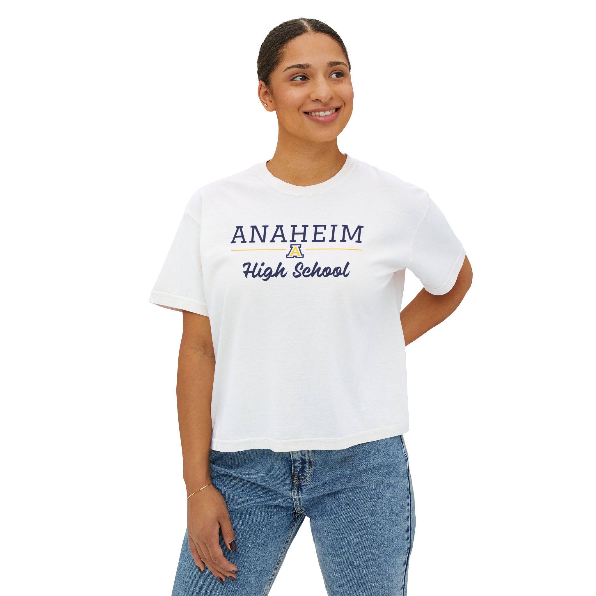 Anaheim High - High School Cursive with Logo Women's Boxy Tee - Image 7