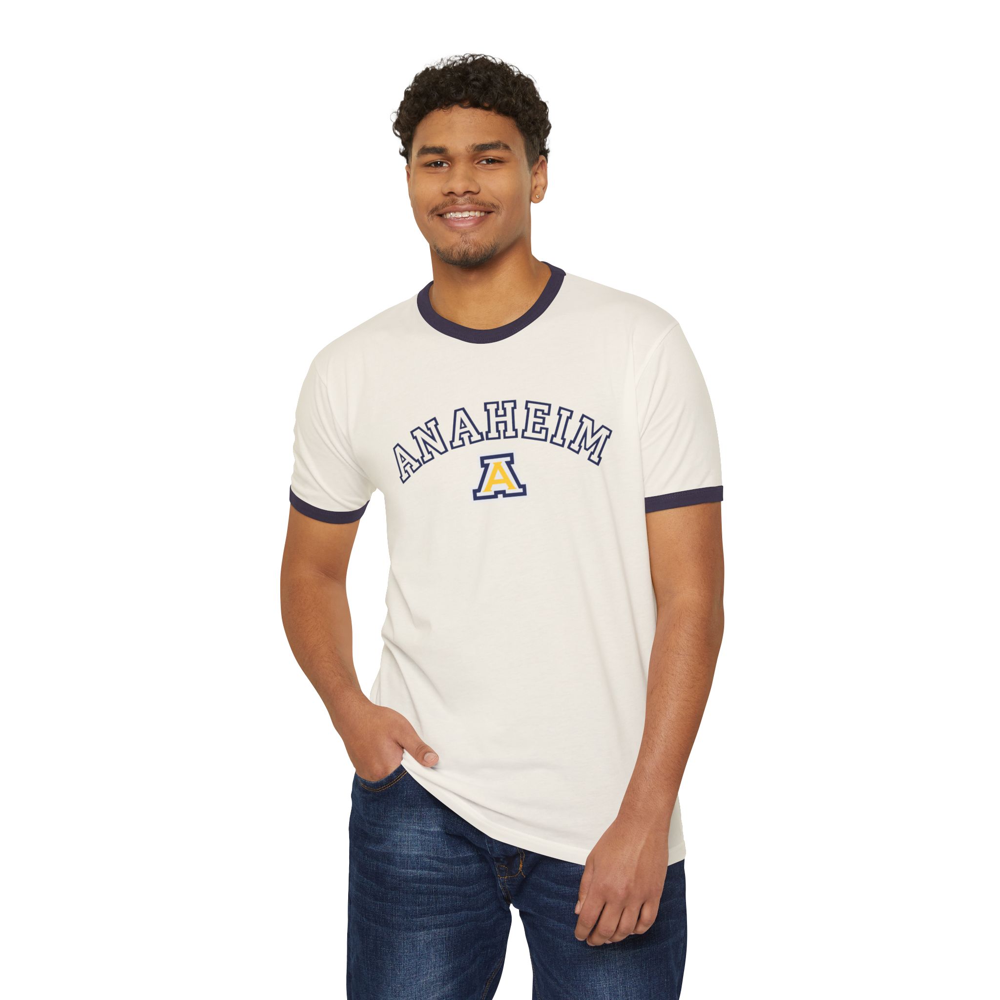 Anaheim High - Outline Name with Logo Unisex Cotton Ringer T-Shirt - Image 8