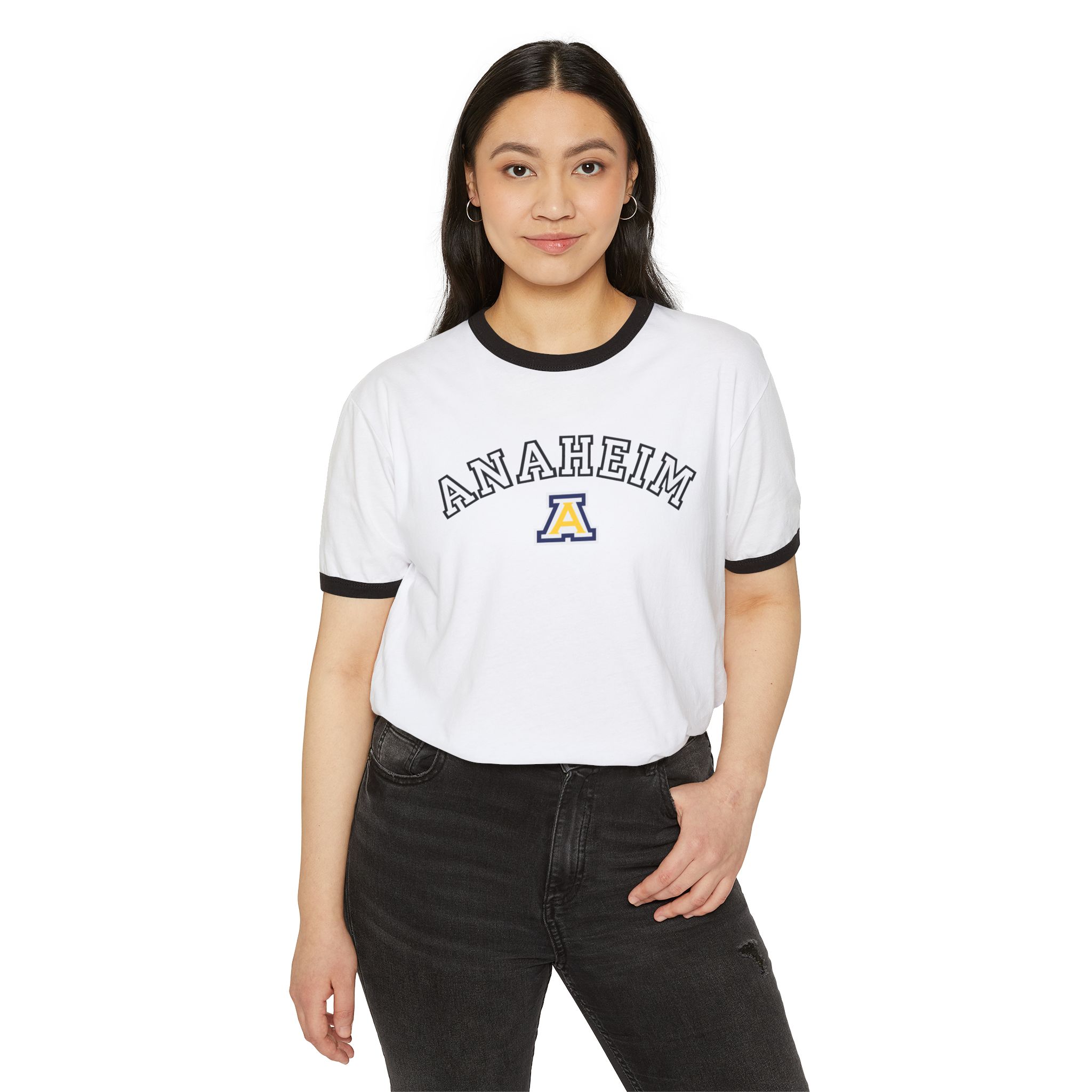 Anaheim High - Outline Name with Logo Unisex Cotton Ringer T-Shirt - Image 2