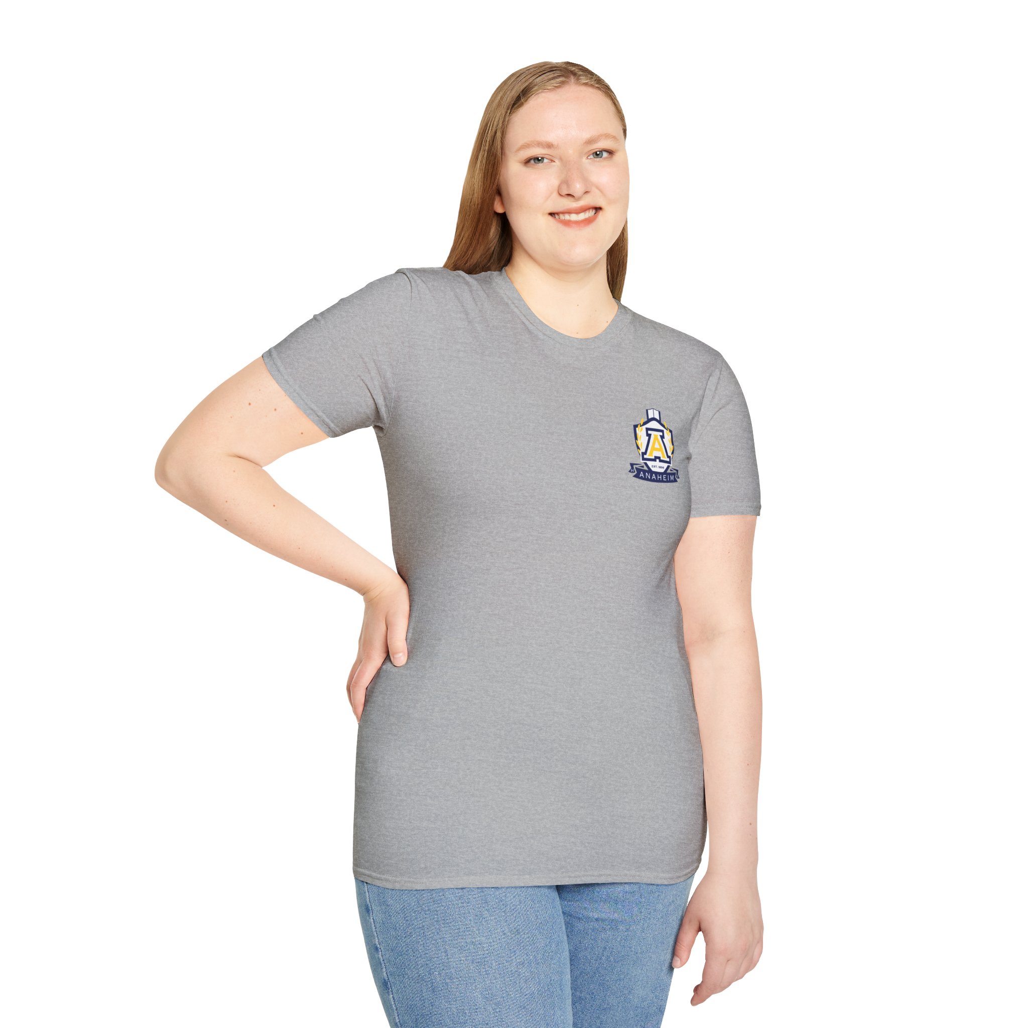 Anaheim High - Seal-Crest Logo Whos Got it Better Than Us? Nobody! Gildan Unisex Softstyle Front & Back T-Shirt - Image 15