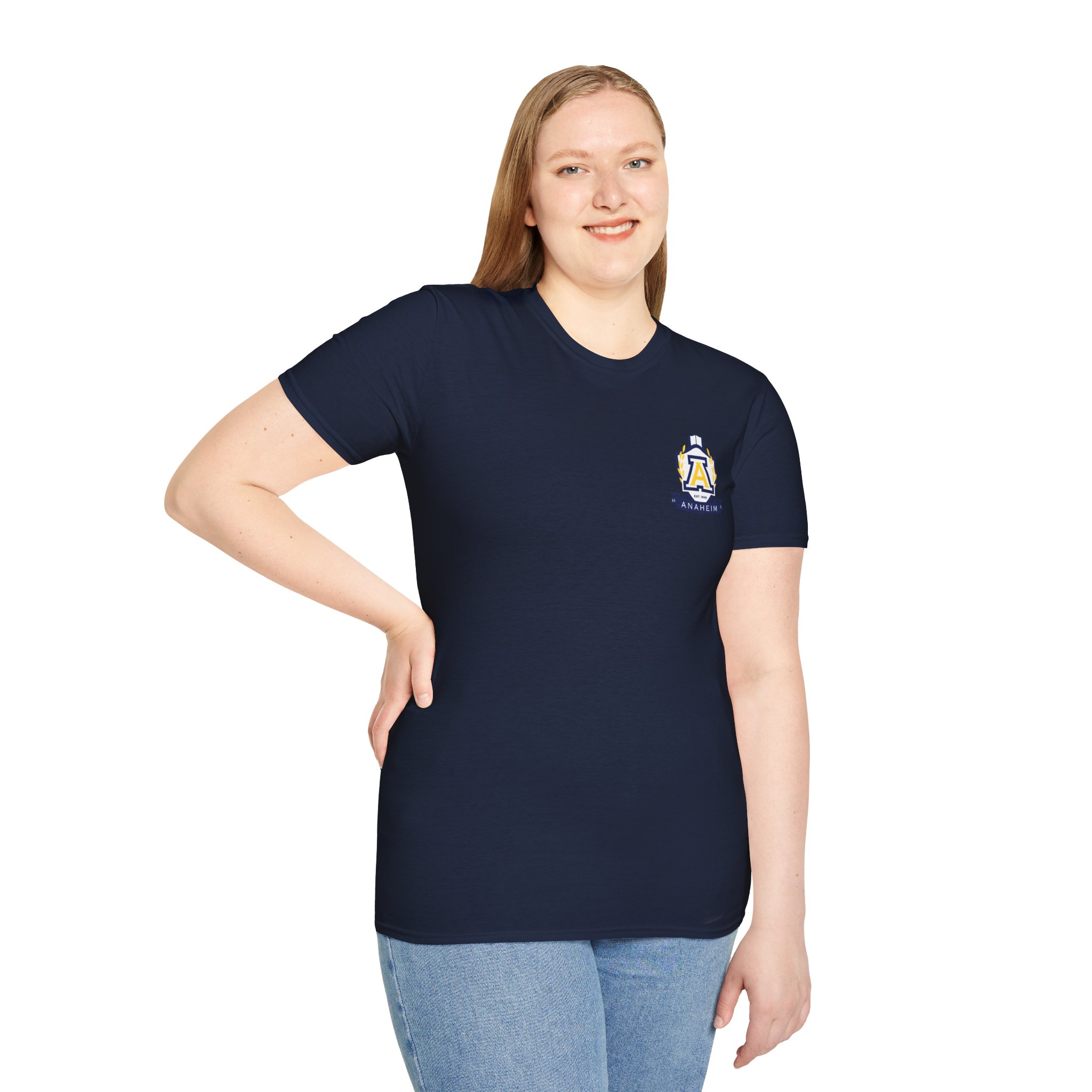Anaheim High - Seal-Crest Logo Whos Got it Better Than Us? Nobody! Gildan Unisex Softstyle Front & Back T-Shirt - Image 6