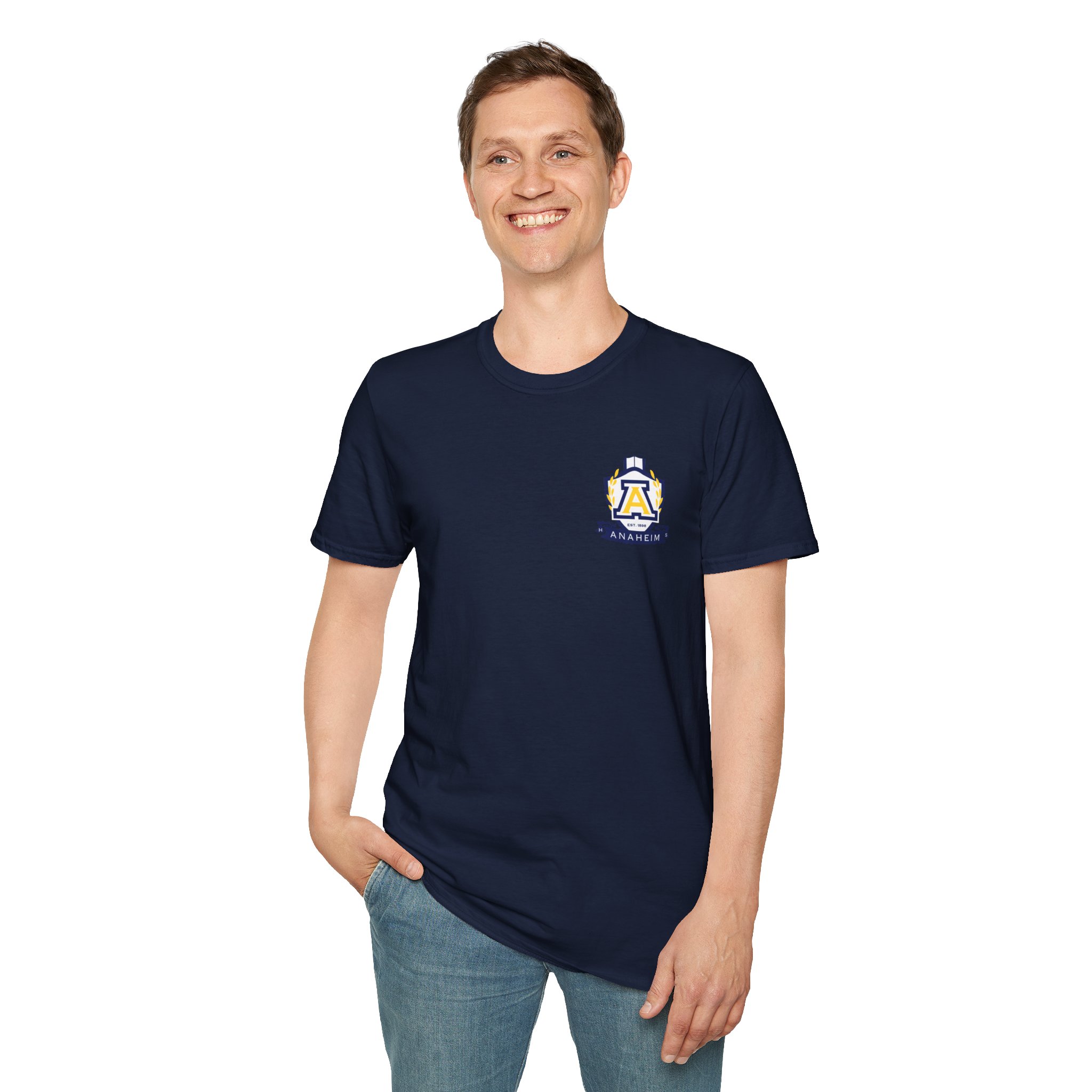 Anaheim High - Seal-Crest Logo Whos Got it Better Than Us? Nobody! Gildan Unisex Softstyle Front & Back T-Shirt - Image 4