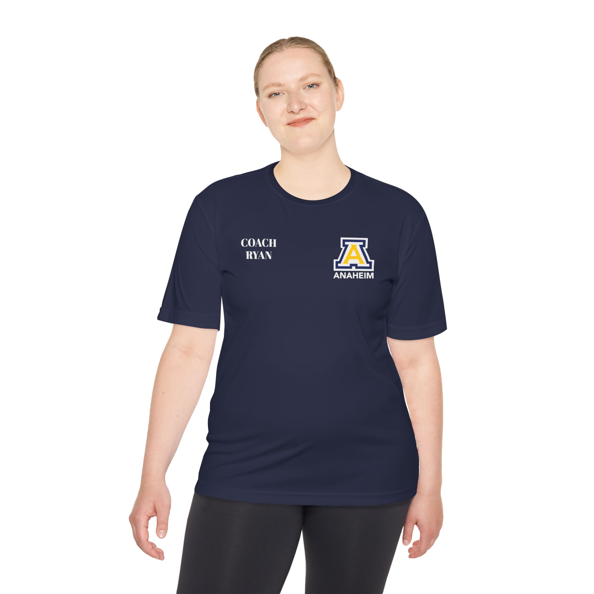Anaheim High - Personalized Coach Name and Block A Logo Moisture Wicking T-Shirt (DTF) - Image 3
