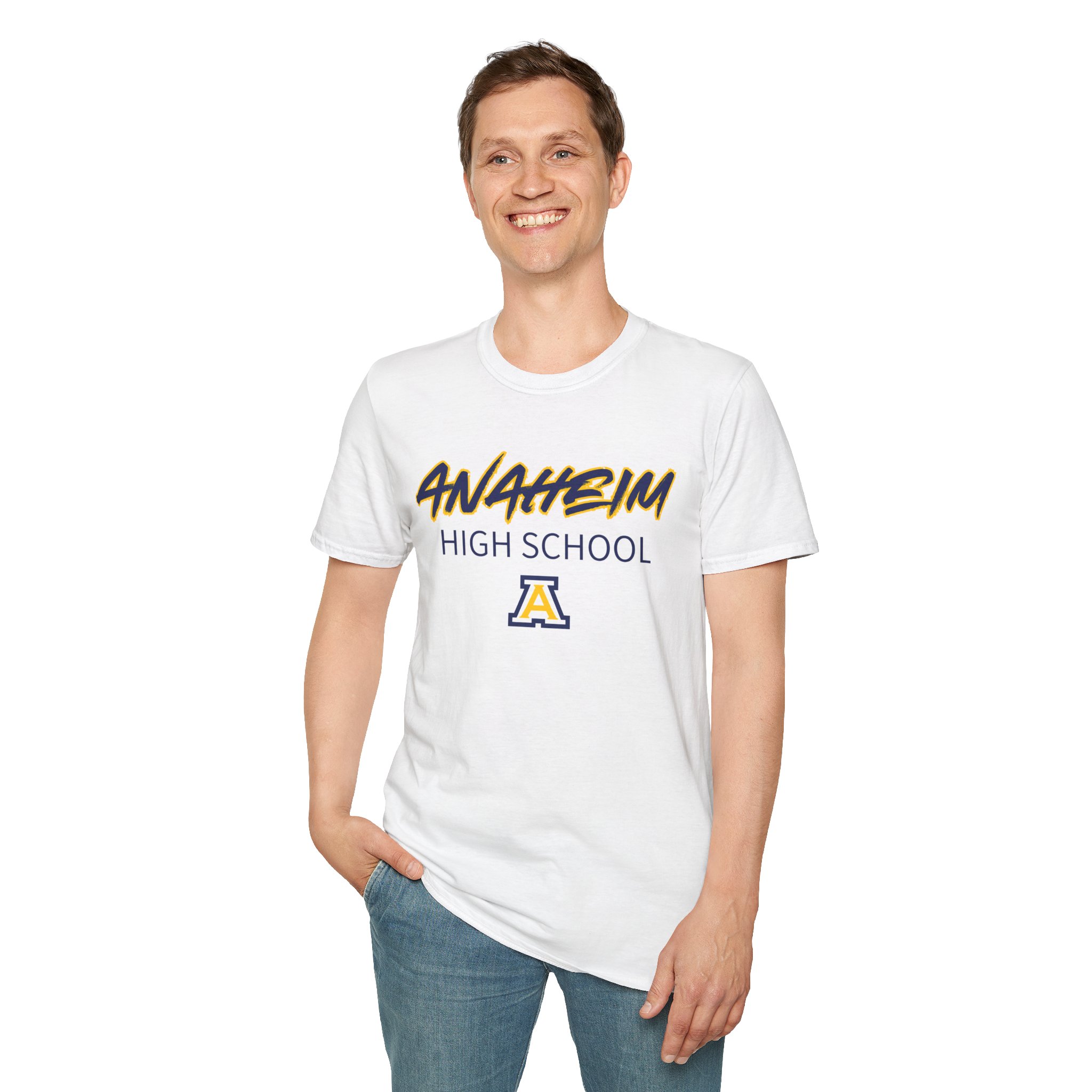 Anaheim High - Sporty Name with Logo Gildan Unisex Softstyle T-Shirt - Image 9