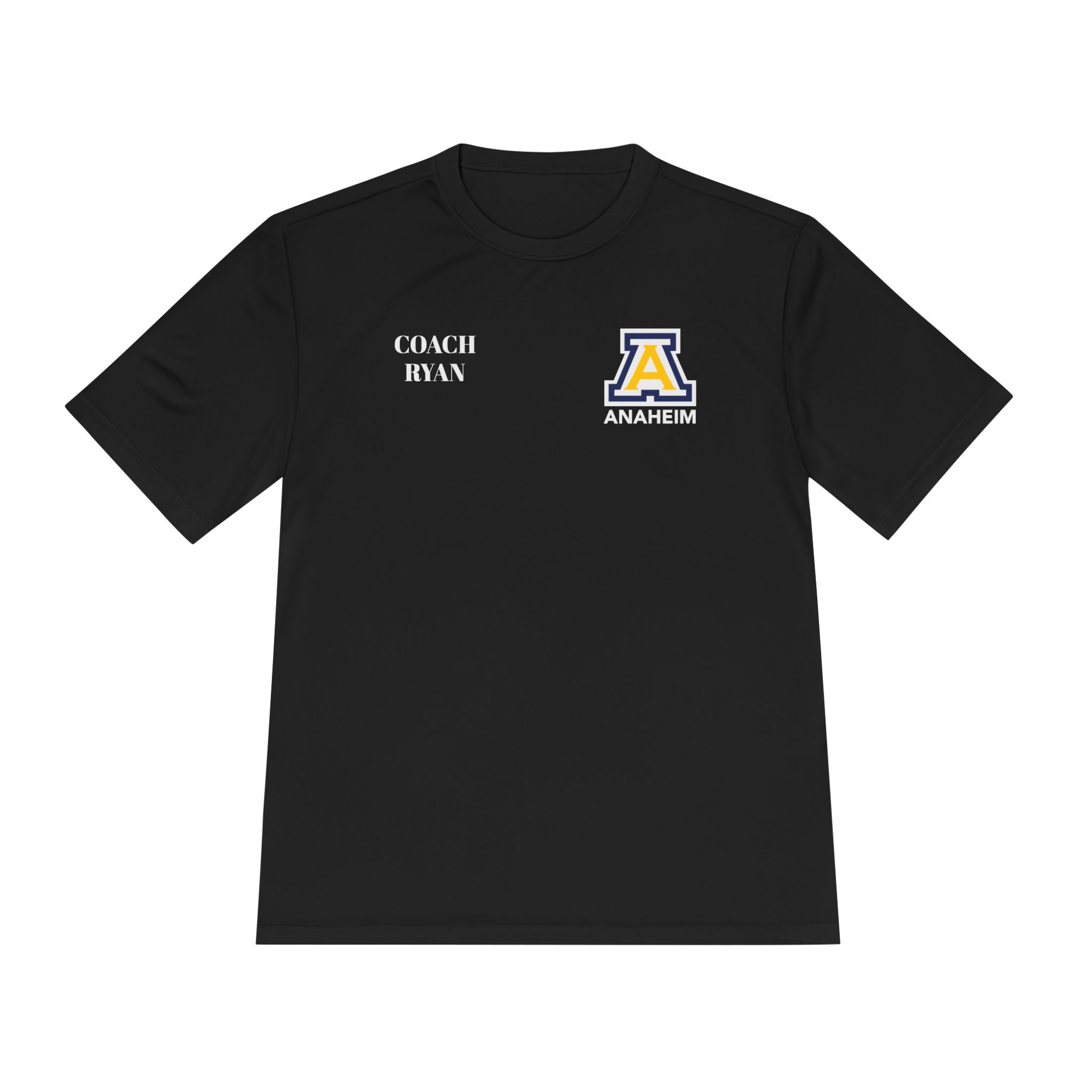 Anaheim High - Personalized Coach Name and Block A Logo Moisture Wicking T-Shirt (DTF) - Image 5