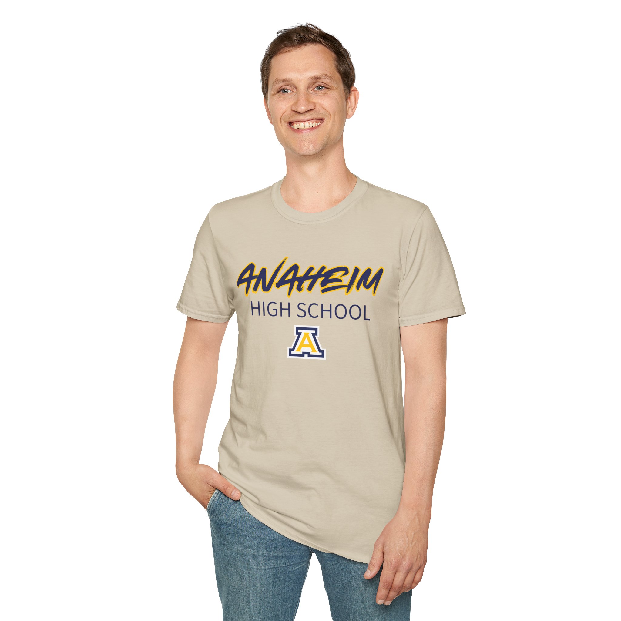 Anaheim High - Sporty Name with Logo Gildan Unisex Softstyle T-Shirt - Image 6