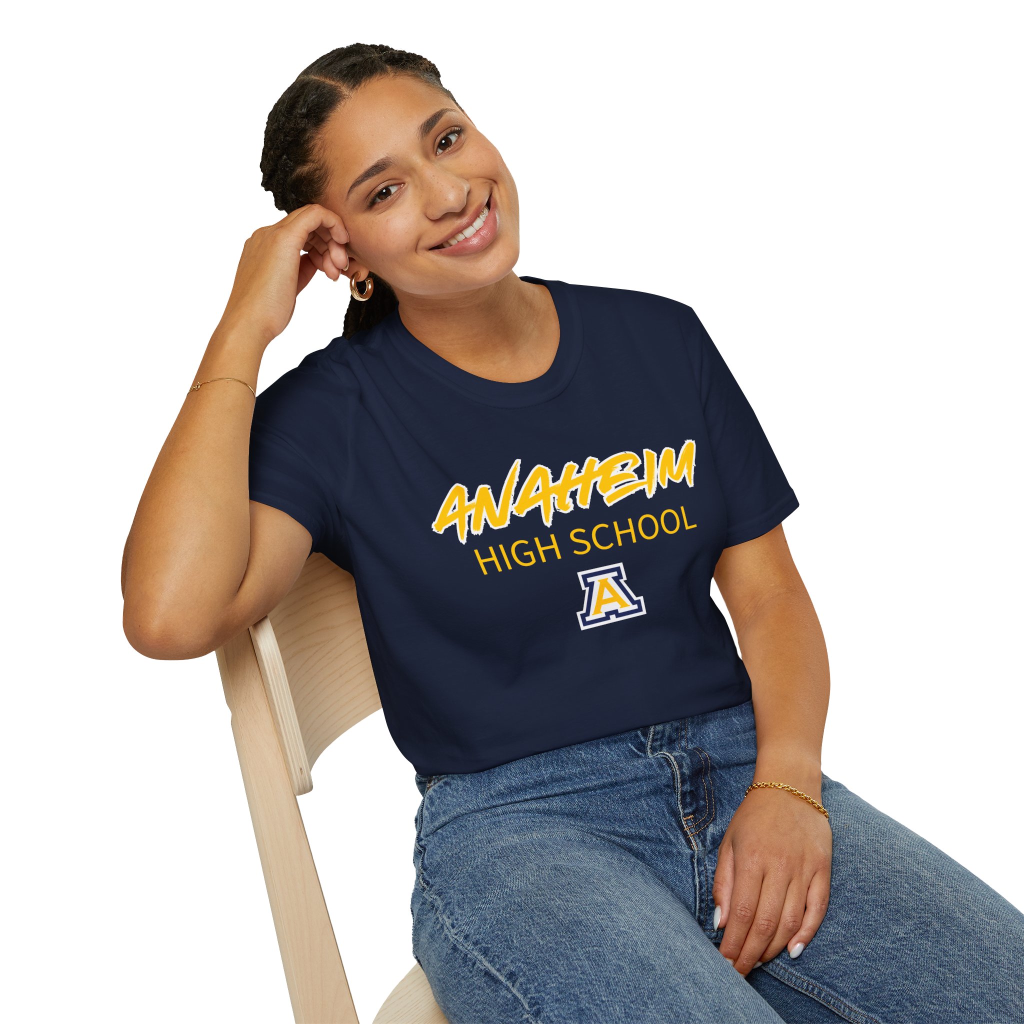 Anaheim High - Sporty Name with Logo Gildan Unisex Softstyle T-Shirt - Image 3