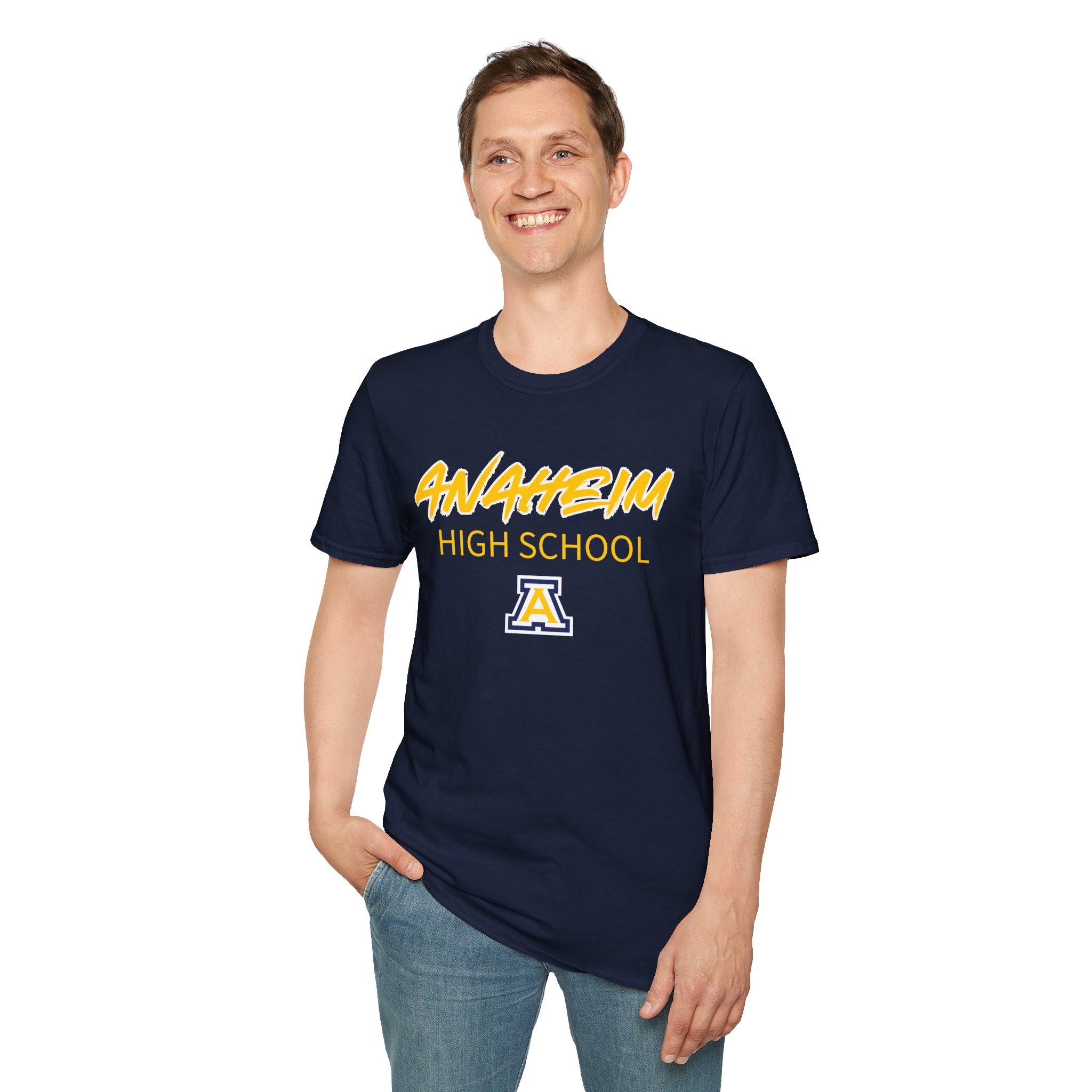 Anaheim High - Sporty Name with Logo Gildan Unisex Softstyle T-Shirt - Image 2