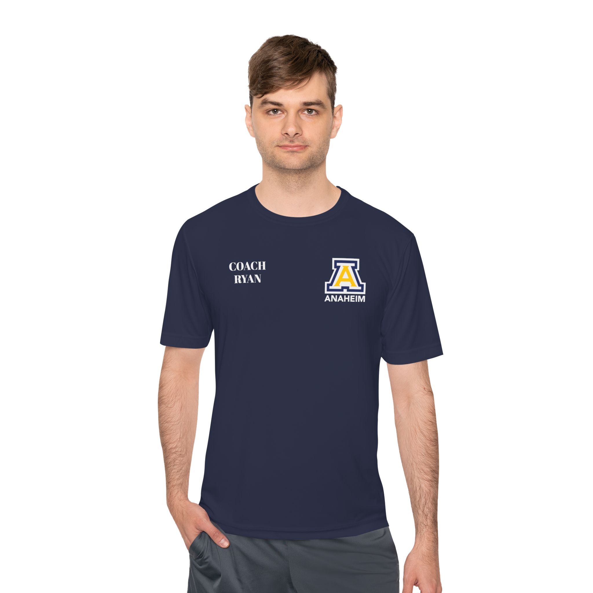Anaheim High - Personalized Coach Name and Block A Logo Moisture Wicking T-Shirt (DTF) - Image 2