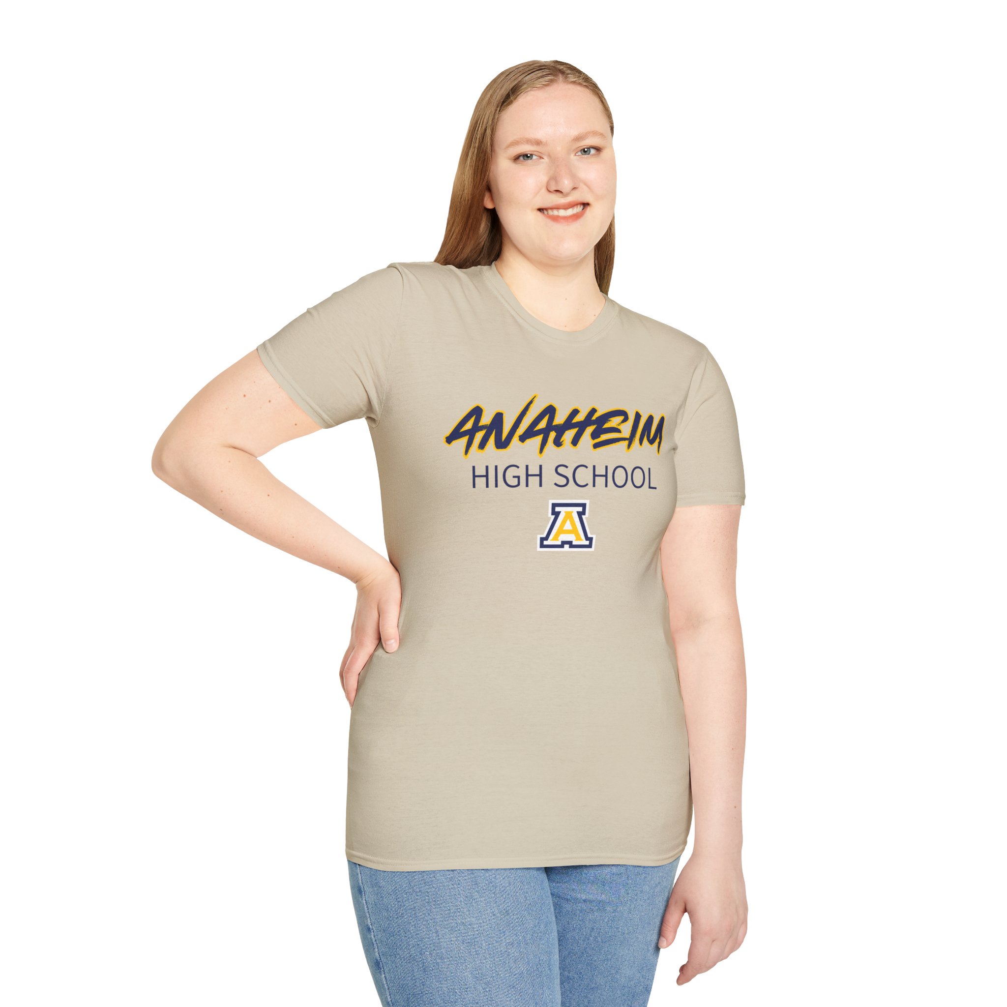 Anaheim High - Sporty Name with Logo Gildan Unisex Softstyle T-Shirt - Image 7