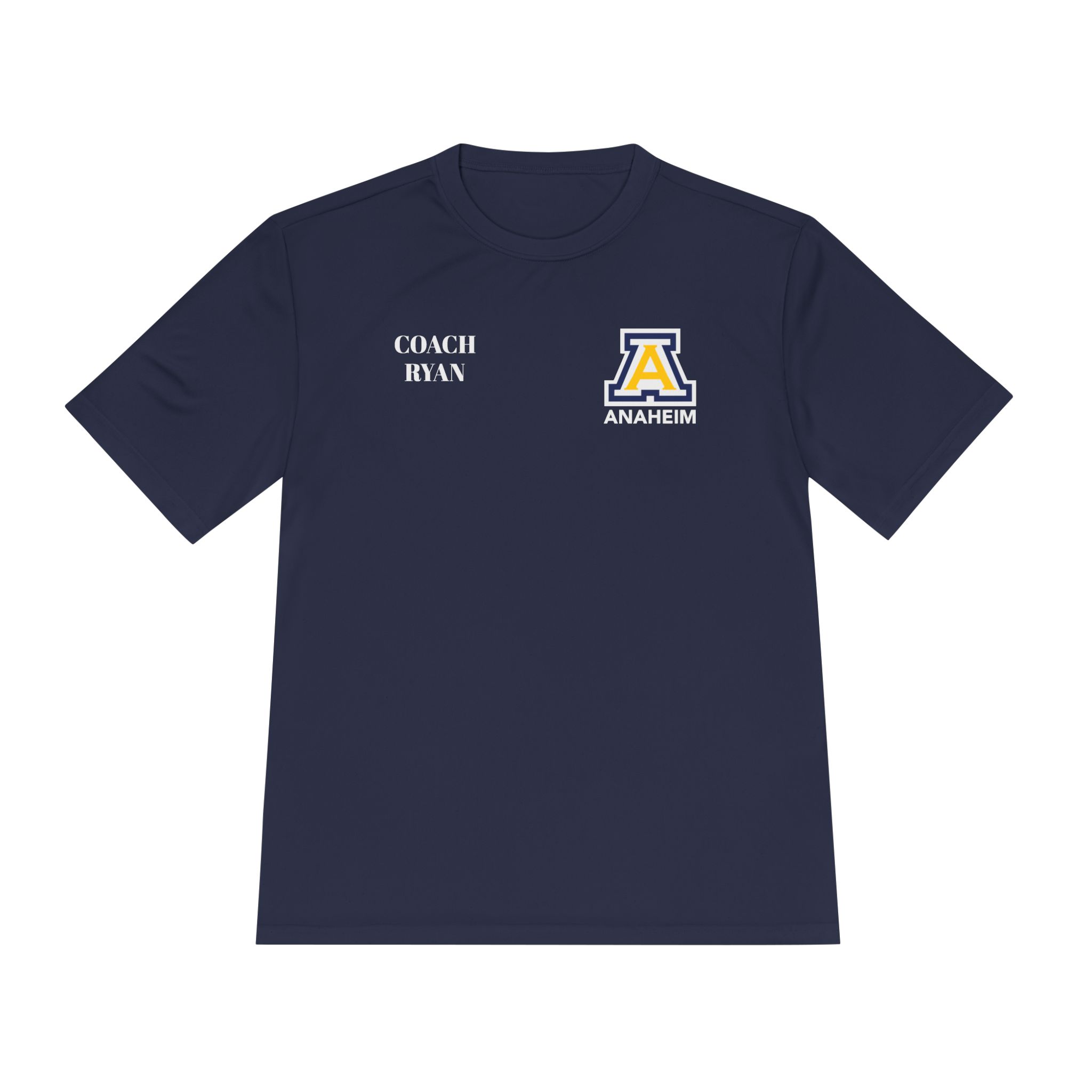 Anaheim High - Personalized Coach Name and Block A Logo Moisture Wicking T-Shirt (DTF)